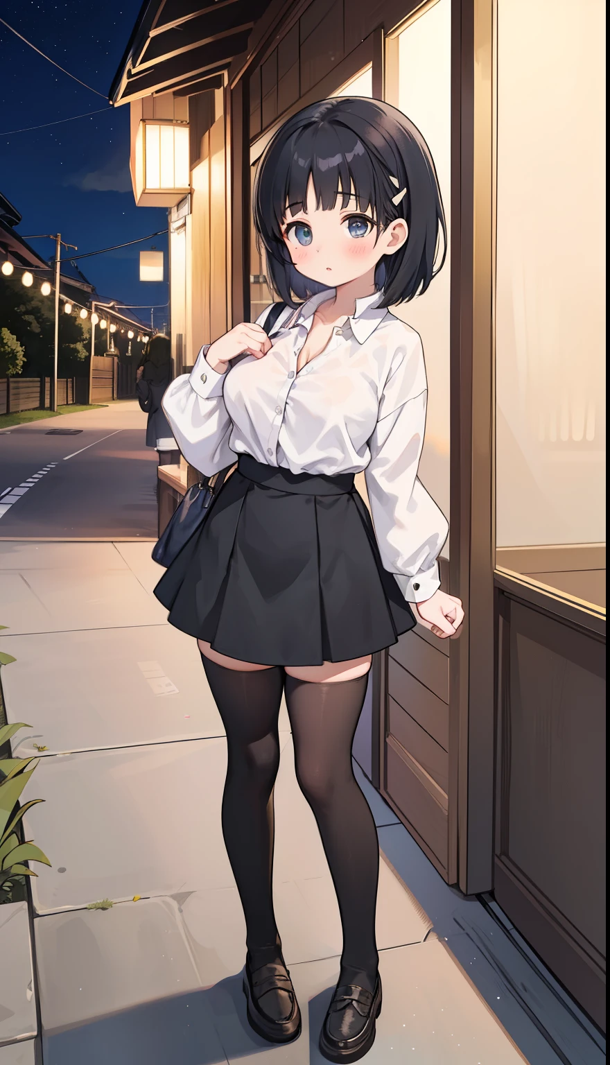 One Girl、positive、Standing posture、Full body portrait、Black Hair、Medium Haircut、blush、Absolute area、Black knee-high socks、Knee-length、stockings、Black Pantyhose、White underwear、、mini skirt、Japanese high school students、Summer clothes、Night entertainment district、night、(Very large breasts)、Cleavage、open chest shirt、((Lesbians around the world))、masterpiece、(highest quality)、
Panties around the ankles、Black Loafers、Shirt buttons fly off、Unbutton your shirt、Exposing the breasts、Bare your breasts