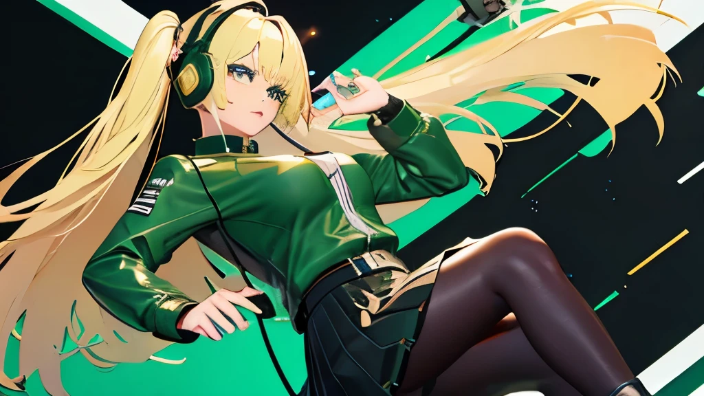 Gamer Girl、headphone、、blonde、amount、Green Leather Shirt、Black pleated skirt