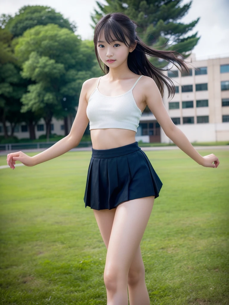 (masterpiece, highest quality:1.4), Award-winning portraits, 8k, 85mm, alone, Beautiful Face, Delicate girl, (Cheerleader、On the grass), Sophisticated, cute, 15 years old, RAW Photos, Confused, High resolution, Sharp focus, Background Blur、(((flat 、thin and delicate body、Childish atmosphere)))、shiny semi-long hair、ponytail、Mole on the left cheek、 Dark blue eyes、the skirt is swaying in the wind、Hair swaying in the wind、sexy、flexible legs、naked