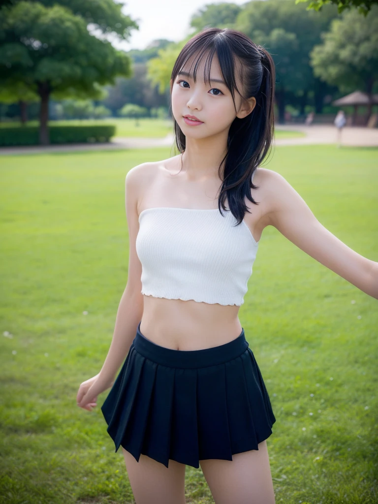 (masterpiece, highest quality:1.4), Award-winning portraits, 8k, 85mm, alone, Beautiful Face, Delicate girl,  (Cheerleader、On the grass), Sophisticated, cute, 15 years old, RAW Photos, Confused, High resolution, Sharp focus, Background Blur、(((flat  、thin and delicate body、Childish atmosphere)))、shiny semi-long hair、ponytail、Mole on the left cheek、 Dark blue eyes、the skirt is swaying in the wind、Hair swaying in the wind、sexy、flexible legs、naked