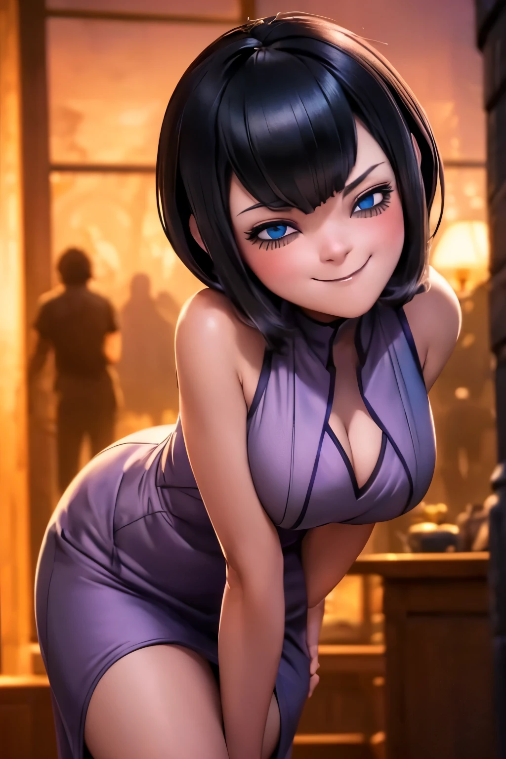 high quality, masterpiece, best quality, tmavis, 1girl, mature woman, forced smile, standing, blush, half-closed eyes, smile, empty eyes/no highlights (Leaning forward:1.5), Arms Down, ((Perfect Anatomy, beautifull detailed face, Beautiful detailed eyes, beautiful detailed hair, Beautiful detailed body)), thick outline, Beautiful outlines, black outlines