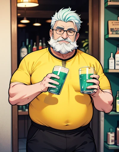 Only plump chubby extremely thick thighs large belly fat age 65 elderly bearded old man, usando apenas sunga branca,((Various colored hair strands, fios do cabelo branco ou vermelho ou verde ou cinza ou azul ou laranja ou amarelo)) he is holding a glass of drinks, he is holding a glass of drink, he is holding a bottle of drink, he is holding a shop mug.