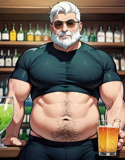 Only plump chubby extremely thick thighs large belly fat age 65 elderly bearded old man, usando apenas sunga branca,((Various colored hair strands, fios do cabelo branco ou vermelho ou verde ou cinza ou azul ou laranja ou amarelo)) he is holding a glass of drinks, he is holding a glass of drink, he is holding a bottle of drink, he is holding a shop mug.
