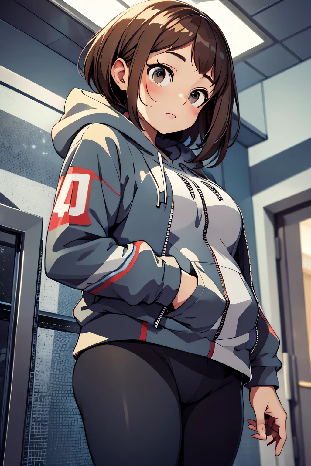 masterpiece, best quality, highres, hmochako, blush stickers, short hair, medium breasts. hoodie, leggings, cowboy shot, indoors, bedroom, plump body, slightly chubby