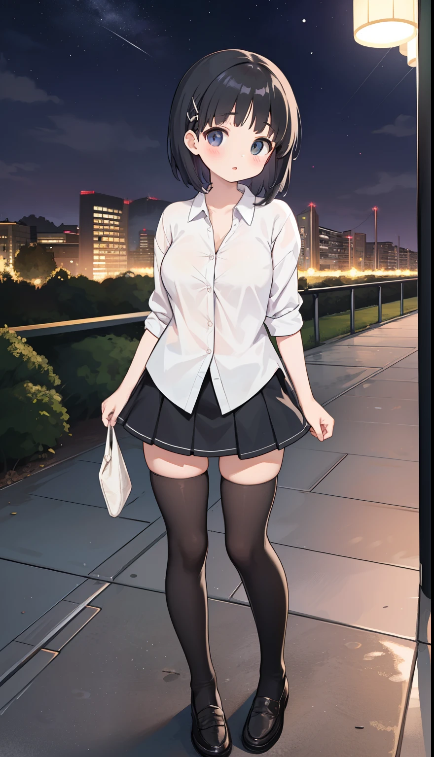 One Girl、positive、Standing posture、Full body portrait、Black Hair、Medium Haircut、blush、Absolute area、Black knee-high socks、Knee-length、stockings、Black Pantyhose、White underwear、、mini skirt、Japanese high school students、Summer clothes、Night entertainment district、night、（Very large breasts）、Cleavage、open chest shirt、((Lesbians around the world))、masterpiece、（highest quality）、
Panties around the ankles、Black Loafers、Shirt buttons fly off、Unbutton your shirt、Exposing the breasts、Bare your breasts