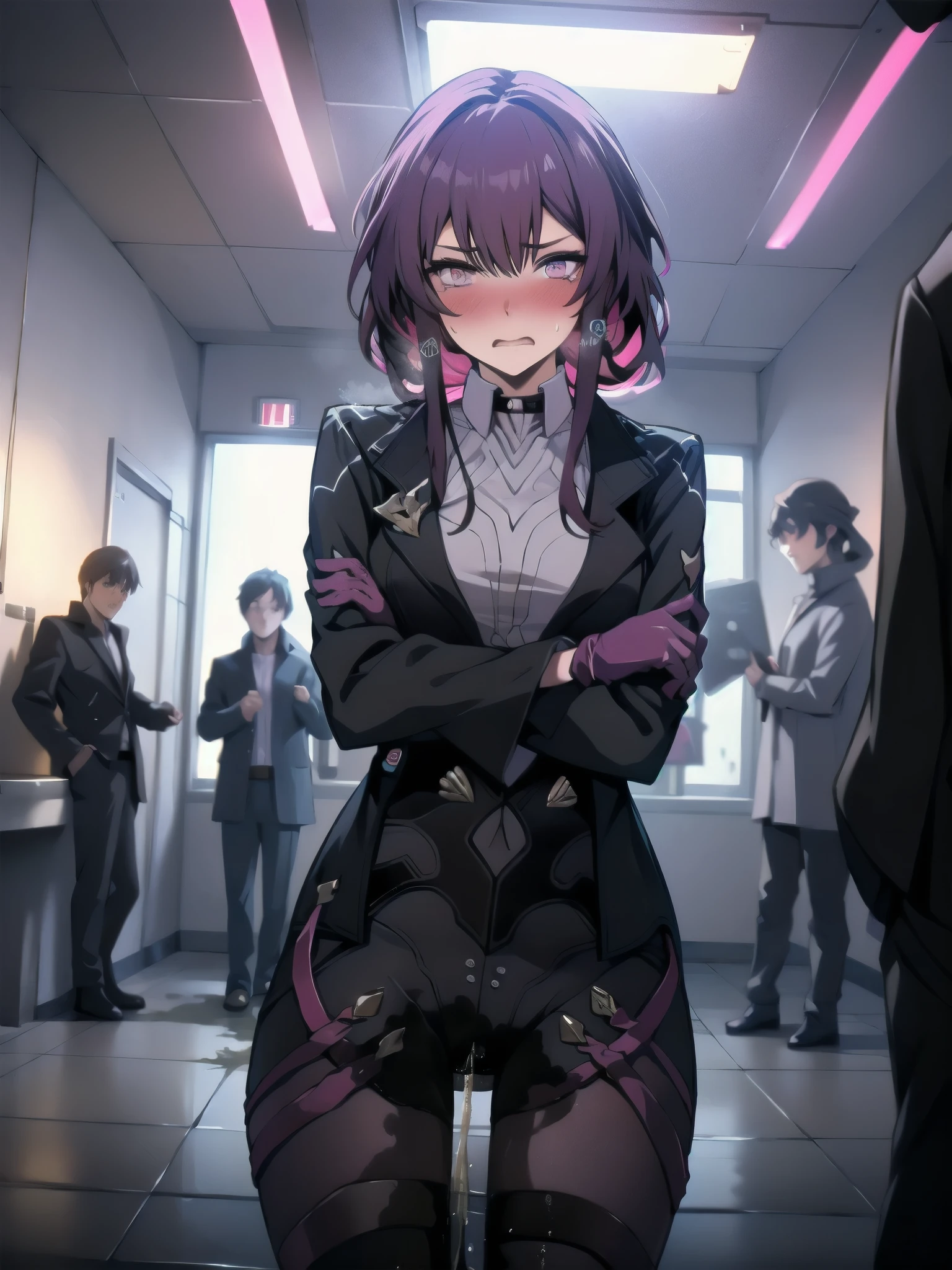 (highest quality:1.37), (masterpiece:1.37), HDR, physically-based rendering, bokeh, (cinematic lighting:1.37), aakafka, sunglasses, eyewear on head, harness, black jacket, white shirt, collared shirt, long sleeves, white sleeves, purple gloves, black shorts, thigh strap, pantyhose4, standing. The artwork is inspired by manga and incorporates a doujin style. The woman appears to be (wetting herself:1.5), which causes her to feel embarrassed and humiliated, resulting in a blush on her face. In addition, there is an air of anger in her expression. The lighting in the scene is moody, with a spotlight highlighting the woman's figure, her arms are crossed (arms crossed:1.5), (crossing arms:1.5), pee stain, peeing stain., large breasts, skinny