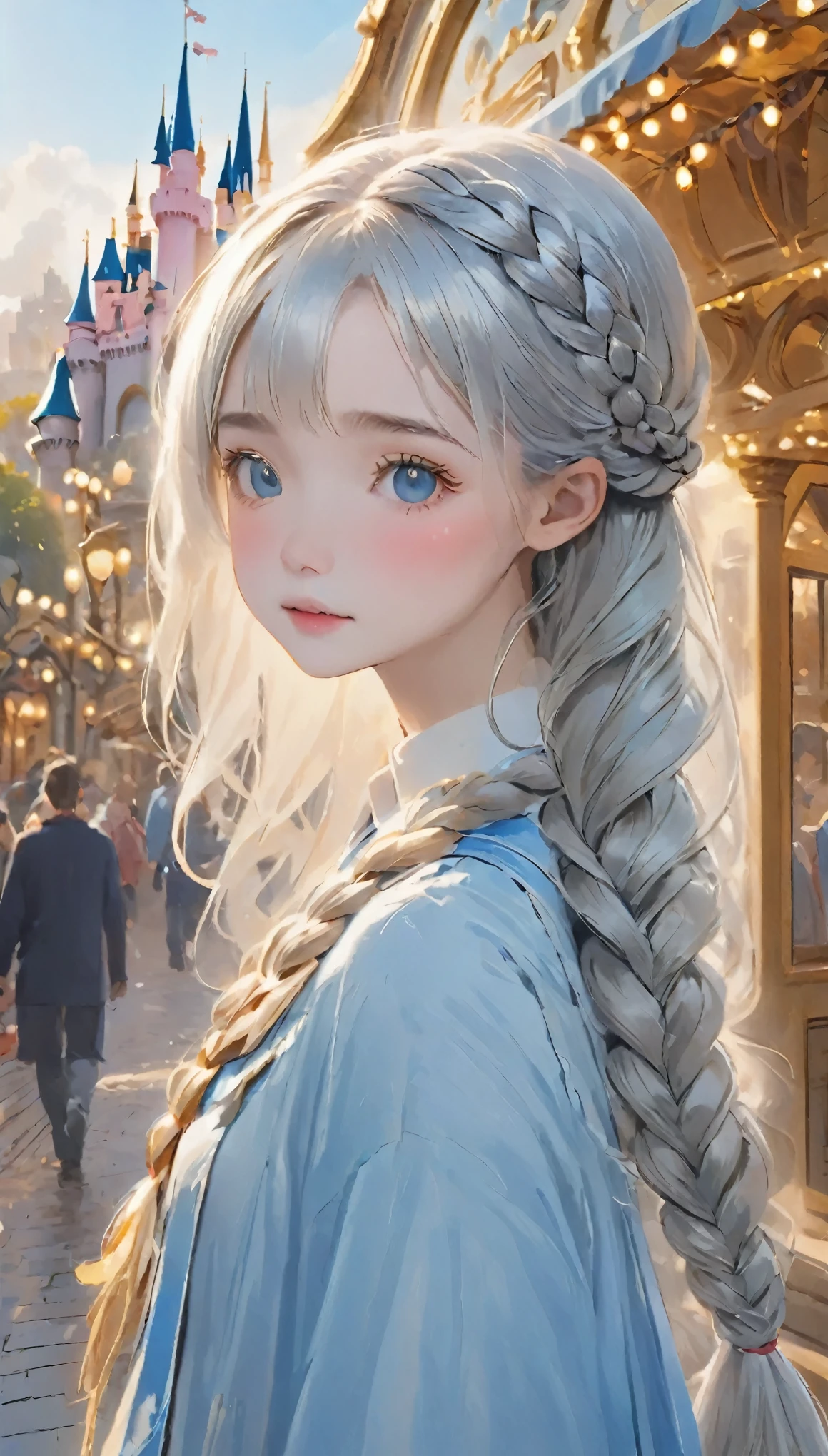 masterpiece、highest quality、Beautiful woman、One Girl、Young maiden、detailed_face_pupil、かわいいface、Silky silver hair、French Braid、Eyebrow problems、Troubled expression、blush、Adorable、amusement park、Disneyland Castle、