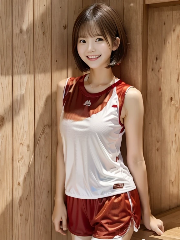 Wood grain wall、Wood Grain Floor、Red badminton wear、White shorts、Short Hair、cute、Smile、highest quality、Whitening、Fair skin