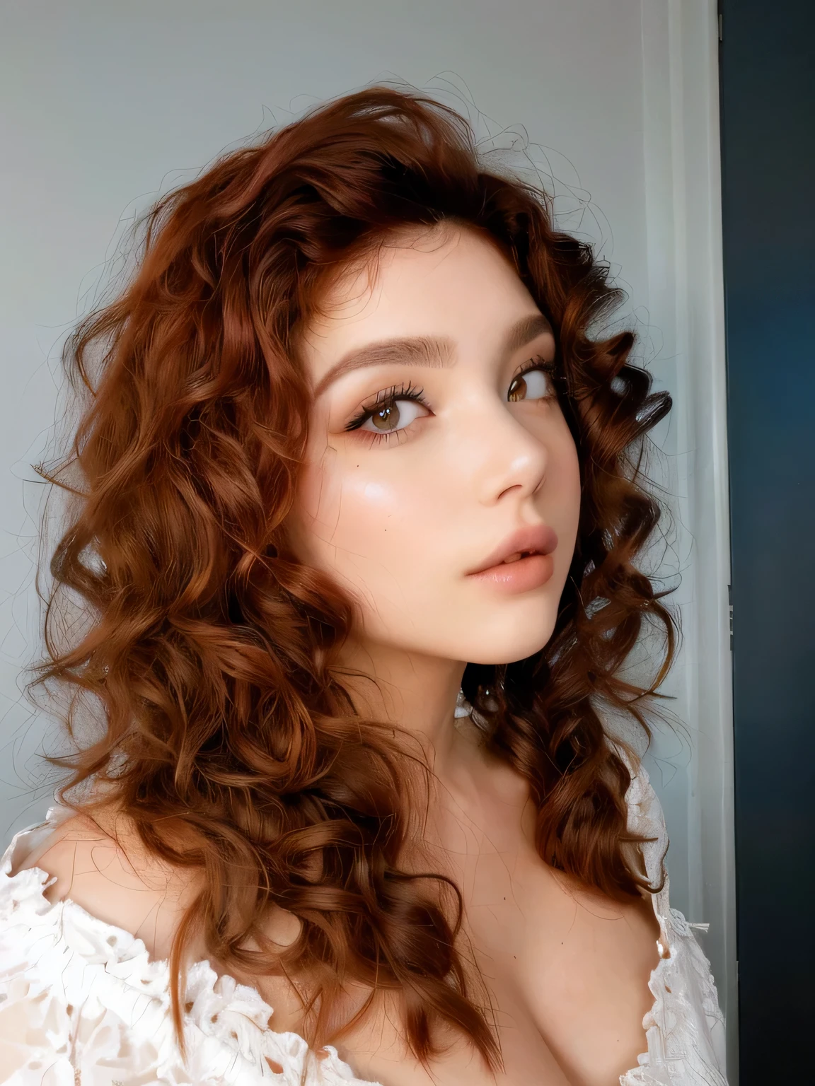 Hay una mujer pelirroja y con un vestido blanco posando para una foto., with Pelo rizado pelirrojo, cabello rizado color cobre, pelo rojo rizado, pelo ondulado de jengibre, pelo rojo rizado, Pelo rizado pelirrojo, pelo largo y rizado rojo, con maquillaje profesional, su rostro enmarcado con rizos, cara sexy con maquillaje completo, cabello ondulado sin maquillaje, pelo rojo grande ondulado