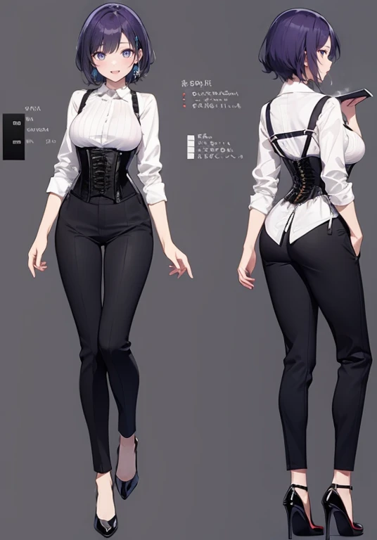 Purple hair,short hair,Adult female,(bartender),((Body Harness)),((Roll up your shirt sleeves)),(corset),(slacks),(High heels),((Simple Background)),smile,((whole body)),((full body)),Character Sheet,