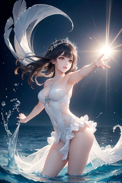 (Obra maestra:1.2), Mejor calidad, (ILLUSTRATION:1.2), (ultra detallado), hiper detalles, (delicado detallado), (detalles intrincados), (cinematic light, Mejor calidad Backlights), Delete line, desde abajo, solista, Cuerpo perfecto, (1 chica), the silhouette of a beautiful lady dancing under a water Dall and mystical creatures dancing with her, (constituir), alto contraste, (mejor iluminacion, un extremadamente creado y hermoso), (cinematic light), vistoso,