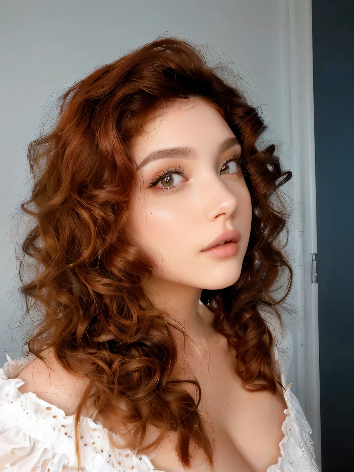 Hay una mujer pelirroja y con un vestido blanco posando para una foto., with Pelo rizado pelirrojo, cabello rizado color cobre, pelo rojo rizado, pelo ondulado de jengibre, pelo rojo rizado, Pelo rizado pelirrojo, pelo largo y rizado rojo, con maquillaje profesional, su rostro enmarcado con rizos, cara sexy con maquillaje completo, cabello ondulado sin maquillaje, pelo rojo grande ondulado