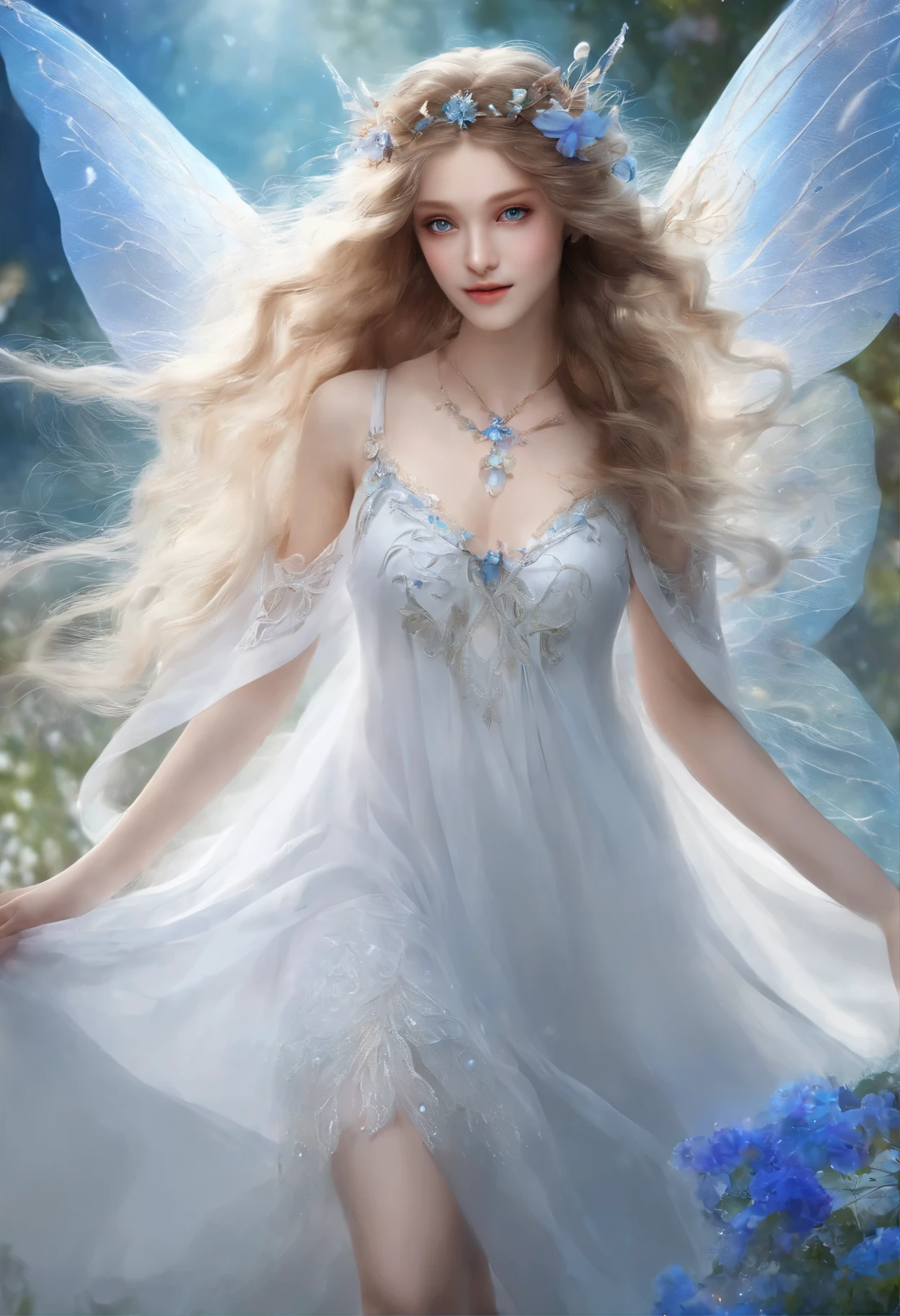 With a girl、Walking in bright white clothes、Among the fairies dressed in beautiful and realistic costumes、Very detailed and accurate、high resolution、Peace Master、highest quality、Super detailed、blue eyes、front