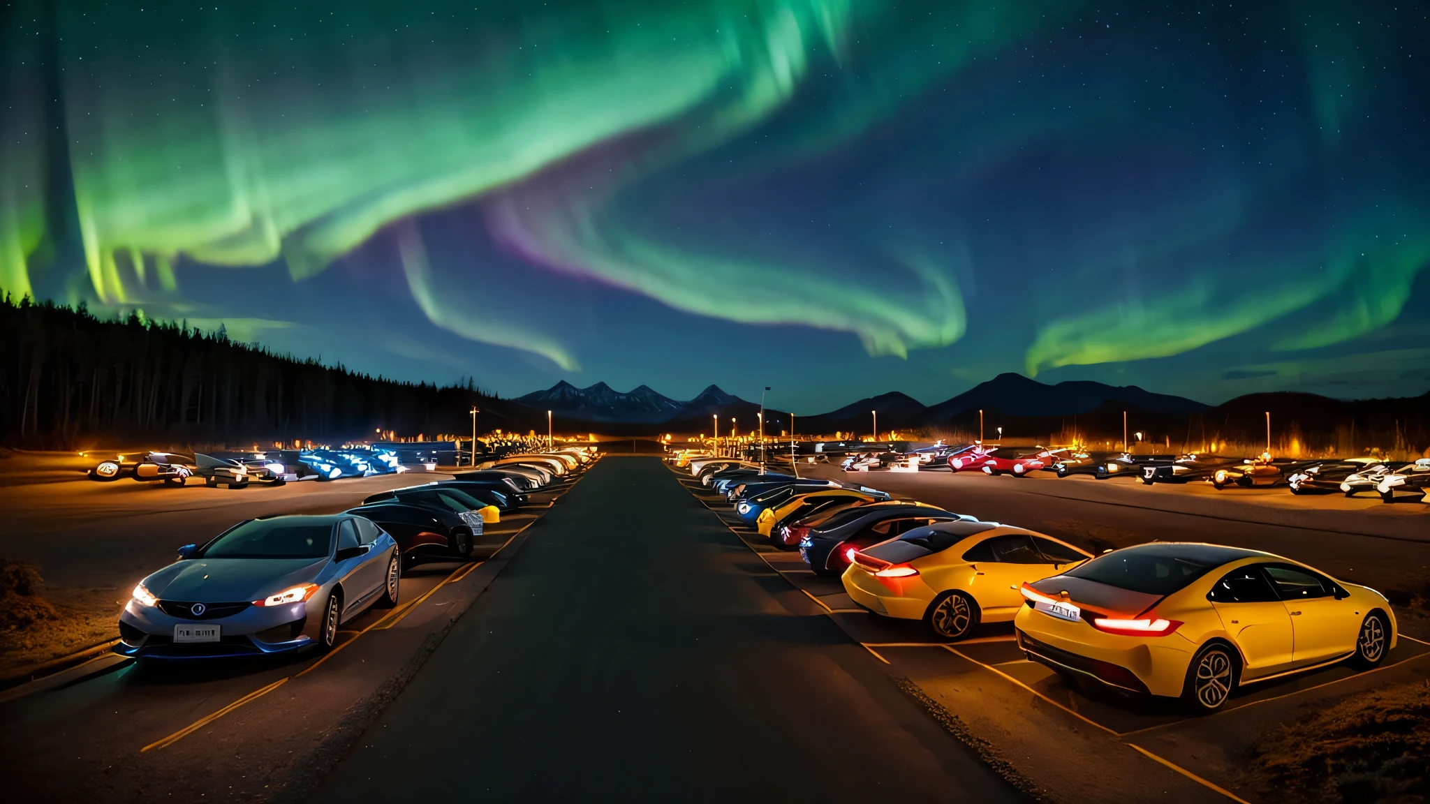several real cars in a parking lot with northern lights in the sky