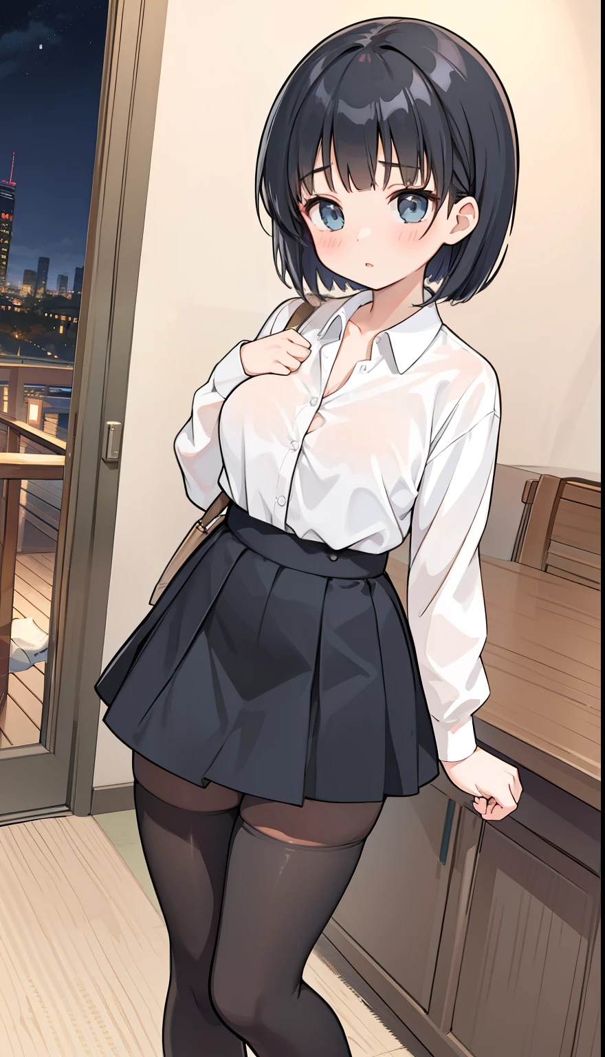 One Girl、positive、Standing posture、Full body portrait、Black Hair、Medium Haircut、blush、Absolute area、Black knee-high socks、Knee-length、stockings、Black Pantyhose、White underwear、、mini skirt、Japanese high school students、Summer clothes、Night entertainment district、night、(Very large breasts)、Cleavage、Unbutton your shirt、((Lesbians around the world))、masterpiece、(highest quality)、
Panties around the ankles、Black Loafers、Shirt buttons fly off、Unbutton your shirt、Bare your breasts、Exposing the breasts、Expose the nipple