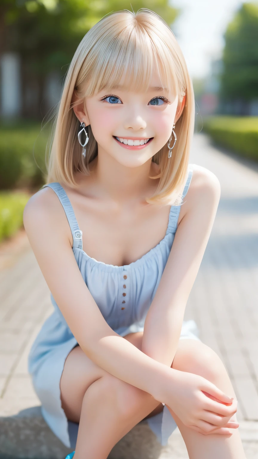 ((sfw: 1.4)), (( detailed face, cute face, detailed face, professional photography)), ((((standing)) , (both hands on knee) , leaning forward ( grin smile : 1.2), earrings)), (( Shiny platinum blonde silk hair, beautiful shiny bangs, big clear sky blue eyes, very beautiful bright eye highlights, 1 Girl)), Ultra High Resolution, (Realistic: 1.4), RAW Photo, Best Quality, (Photorealistic Stick), Focus, Soft Light, (()), (( (young face))), (surface), (depth of field), masterpiece, (realistic), woman, bangs, ((1 girl))