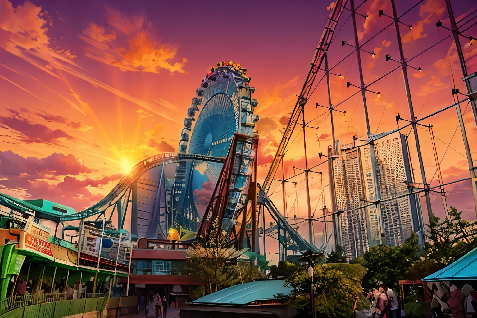 観覧車を背景にした公園のアラフェroller coaster, amusement parkのアトラクション, amusement parkの建物, amusement park, roller coaster, roller coaster, vehicle, Post-apocalyptic Theme parks, Theme park, In an abandoned Theme park, roller coaster, stratosphere, The photo shows a large, Futuristic Tokyo in the background, ディガーランドamusement park