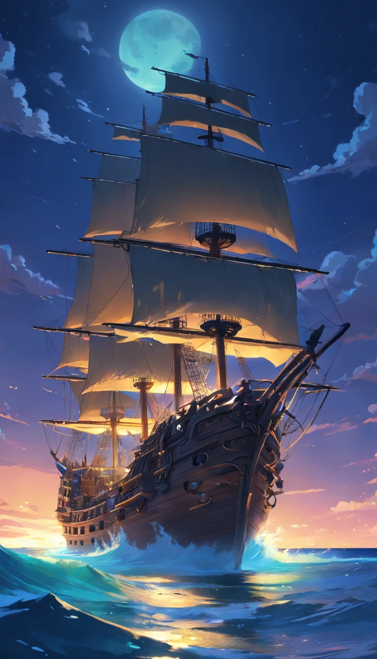 Pirate, evil, mean, realistic, pirate ship, water, moonlight.