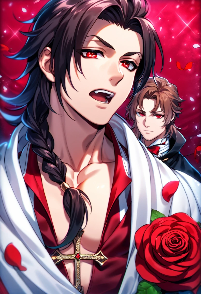 absurdres, highres, ultra detailed, HDR, master piece, best quality, Crowley Eusford, maroon bangs, bicolored hair, while the rest of his hair is dark brown, long hair is kept in a braid that comes over his shoulder on the left side of his neck, expressive red eyes, Owari no seraph,vampire, white cape, white clothes, solo, sexy man, handsome, toned chest, sparkling red butterflies, red background, cross, red roses, petals, magical, fantasy
