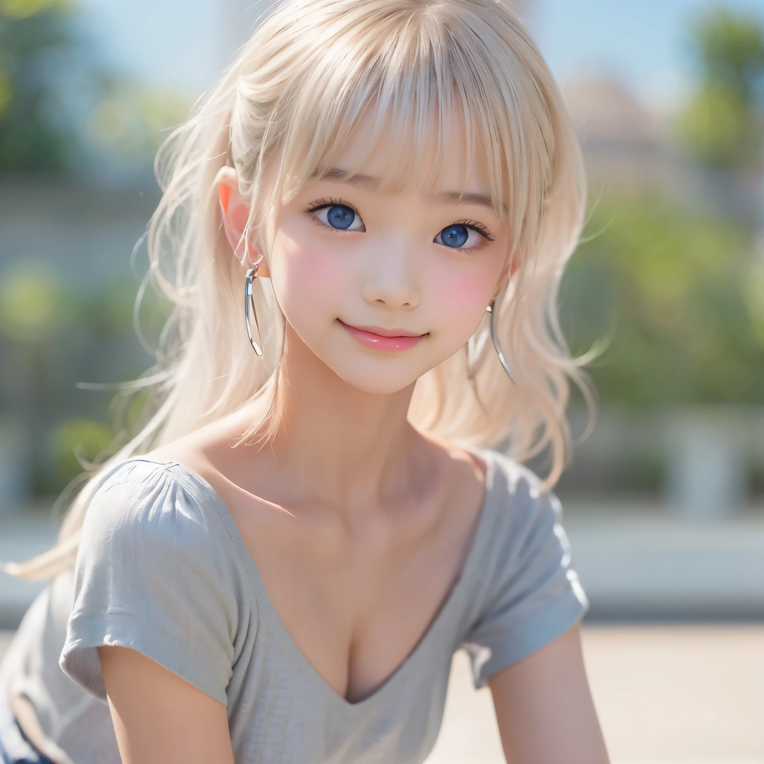((sfw: 1.4)), (( detailed face, cute face, detailed face,  professional photography)), ((((standing)) , (both hands on knee) , leaning forward ( grin smile : 1.2),  earrings)), (( Shiny platinum blonde silk hair, beautiful shiny bangs, big clear sky blue eyes, very beautiful bright eye highlights, 1 Girl)), Ultra High Resolution, (Realistic: 1.4), RAW Photo, Best Quality, (Photorealistic Stick), Focus, Soft Light, ((15 years old)), (( (young face))), (surface), (depth of field), masterpiece, (realistic), woman, bangs, ((1 girl))