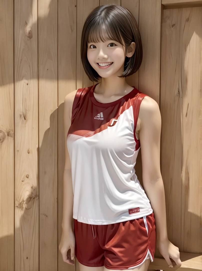 Wood grain wall、Wood Grain Floor、Red badminton wear、White shorts、Short Hair、cute、Smile、highest quality、Whitening、Fair skin、Black Hair