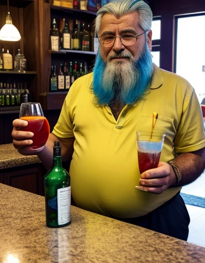 Sentado no banco de bar, Only plump chubby extremely thick thighs large belly fat age 65 elderly bearded old man, usando apenas sunga branca,((Various colored hair strands, fios do cabelo branco ou vermelho ou verde ou cinza ou azul ou laranja ou amarelo)) he is holding a glass of drinks, he is holding a glass of drink, he is holding a bottle of drink, he is holding a shop mug.