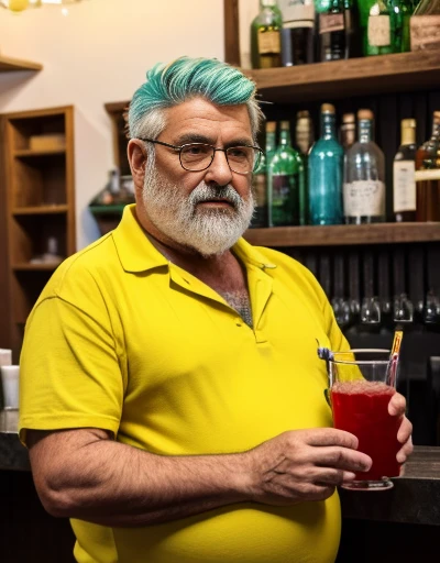Sentado no banco de bar, Only plump chubby extremely thick thighs large belly fat age 65 elderly bearded old man, usando apenas sunga branca,((Various colored hair strands, fios do cabelo branco ou vermelho ou verde ou cinza ou azul ou laranja ou amarelo)) he is holding a glass of drinks, he is holding a glass of drink, he is holding a bottle of drink, he is holding a shop mug.