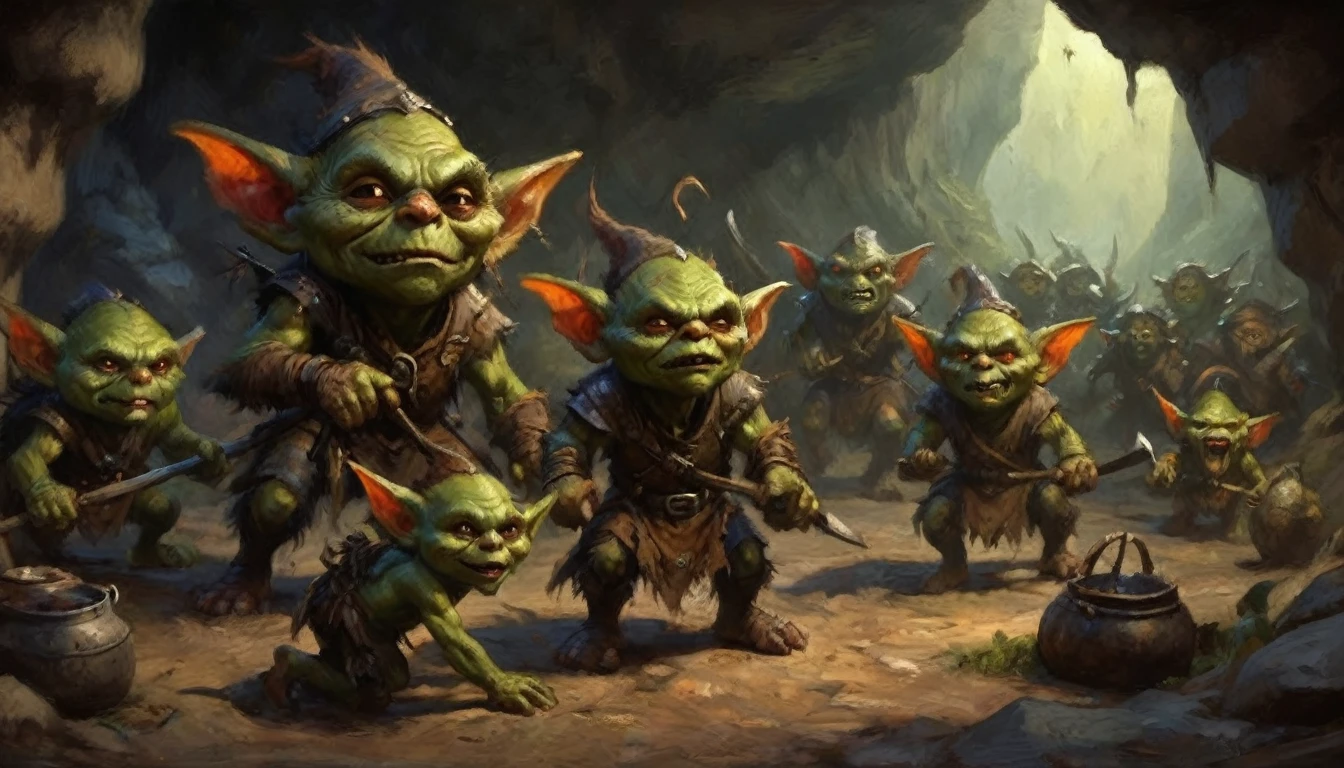 a ragtag horde of goblins, hordes of goblins, goblins charging at viewer, goblins surging forward, evil goblins, hungry goblins, goblins dressed in scrap furs and rags, goblins with big eyes, goblins with big ears, four elite goblins leading from rear, goblin shaman, goblin thief, goblin warrior, goblin warlock, dark cave, cave interior, dramatic lighting, cinematic composition, digital painting, concept art, fantasy, high detail, hyperrealistic, 8k, best quality
