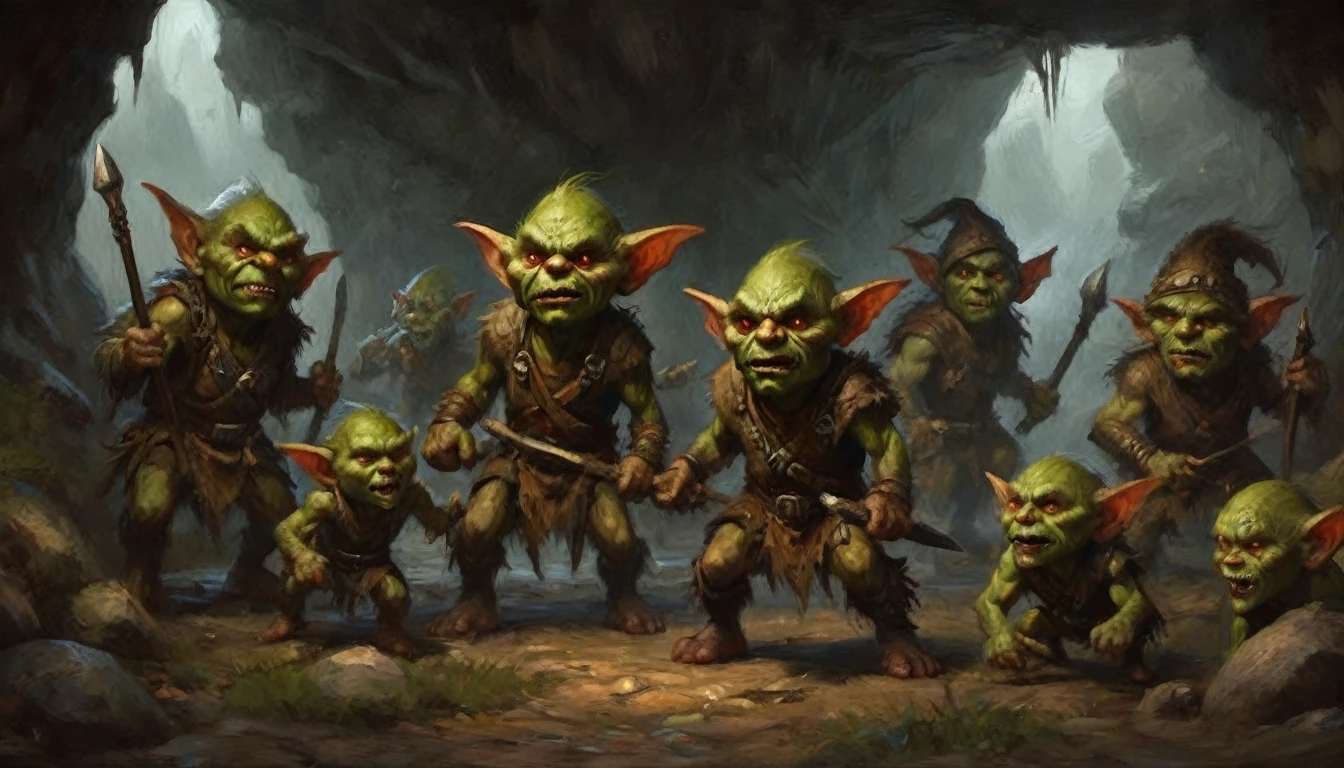 a ragtag horde of goblins, hordes of goblins, goblins charging at viewer, goblins surging forward, evil goblins, hungry goblins, goblins dressed in scrap furs and rags, goblins with big eyes, goblins with big ears, four elite goblins leading from rear, goblin shaman, goblin thief, goblin warrior, goblin warlock, dark cave, cave interior, dramatic lighting, cinematic composition, digital painting, concept art, fantasy, high detail, hyperrealistic, 8k, best quality
