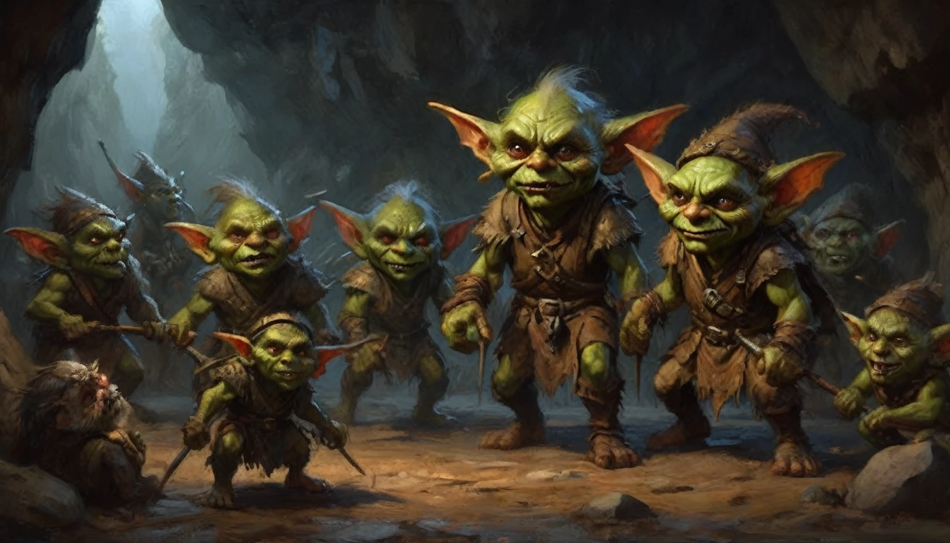 a ragtag horde of goblins, hordes of goblins, goblins charging at viewer, goblins surging forward, evil goblins, hungry goblins, goblins dressed in scrap furs and rags, goblins with big eyes, goblins with big ears, four elite goblins leading from rear, goblin shaman, goblin thief, goblin warrior, goblin warlock, dark cave, cave interior, dramatic lighting, cinematic composition, digital painting, concept art, fantasy, high detail, hyperrealistic, 8k, best quality
