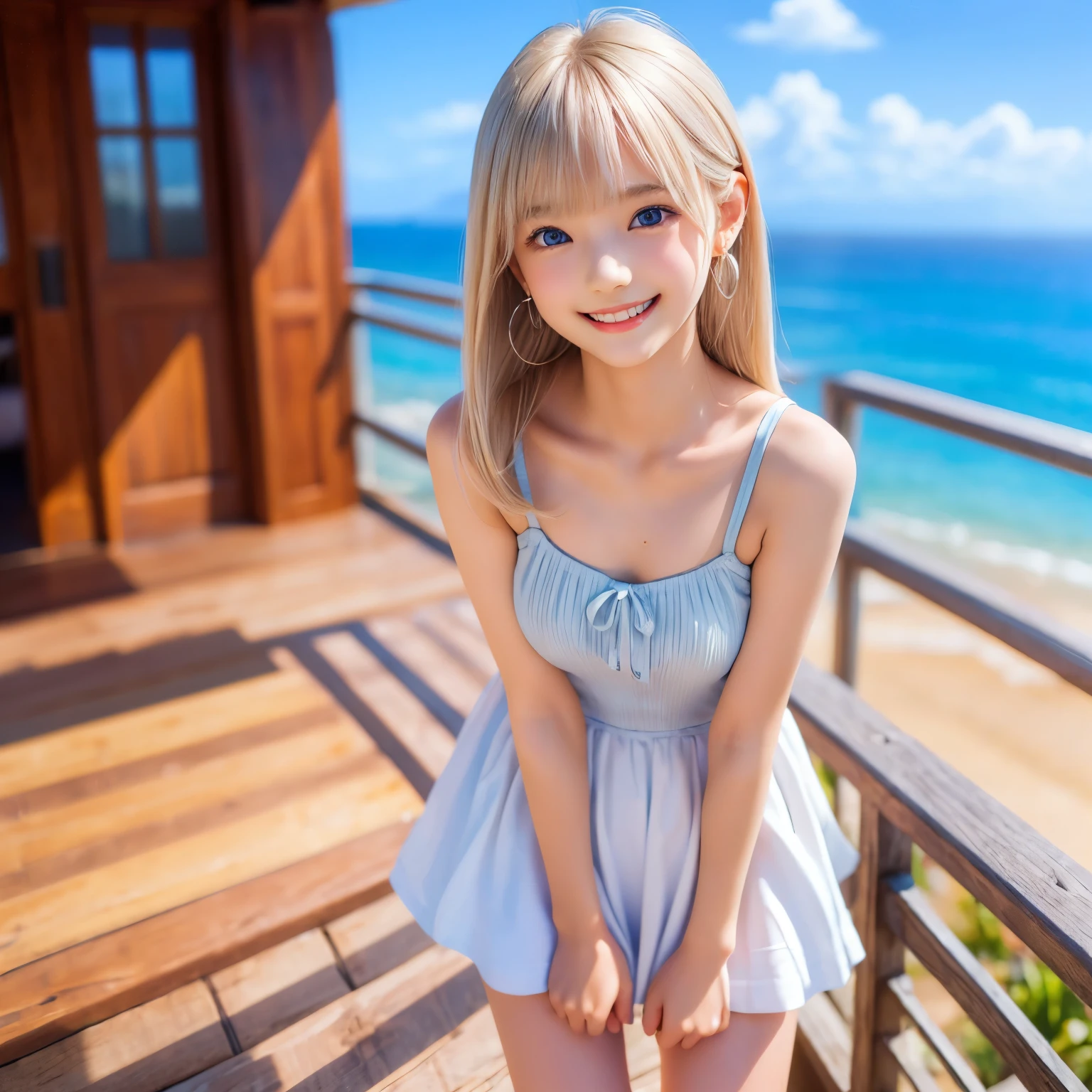 ((sfw: 1.4)), (( detailed face, cute face, detailed face, professional photography)), ((((standing)) , (both hands on knee) , leaning forward ( grin smile : 1.2), earrings)), (( Shiny platinum blonde silk hair, beautiful shiny bangs, big clear sky blue eyes, very beautiful bright eye highlights, 1 Girl)), Ultra High Resolution, (Realistic: 1.4), RAW Photo, Best Quality, (Photorealistic Stick), Focus, Soft Light, (()), (( (young face))), (surface), (depth of field), masterpiece, (realistic), woman, bangs, ((1 girl))