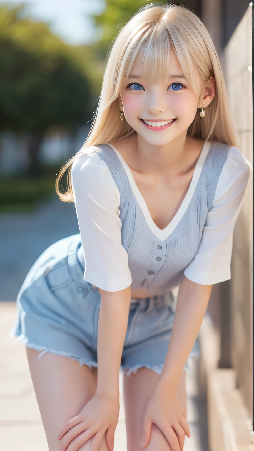 ((sfw: 1.4)), (( detailed face, cute face, detailed face,  professional photography)), ((((standing)) , (both hands on knee) , leaning forward ( grin smile : 1.2),  earrings)), (( Shiny platinum blonde silk hair, beautiful shiny bangs, big clear sky blue eyes, very beautiful bright eye highlights, 1 Girl)), Ultra High Resolution, (Realistic: 1.4), RAW Photo, Best Quality, (Photorealistic Stick), Focus, Soft Light, (()), (( (young face))), (surface), (depth of field), masterpiece, (realistic), woman, bangs, ((1 girl))