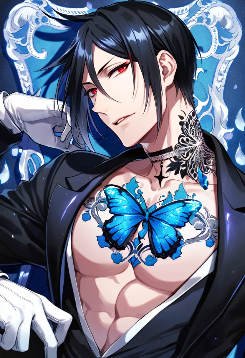 Ultra detailed, Highres, absurdres, HDR, Sebastian Michaelis, black hair, expressive red eyes, black coat with patterns, Kuroshitsuji, blue flowers, petals, handsome, sexy man, solo, very detailed eyes and face, glittering blue butterflies, master piece, toned chest, glittering, fantasy, cross, tattoo on his neck, blue background, blue flames, Black Butler, black pants, white gloves,