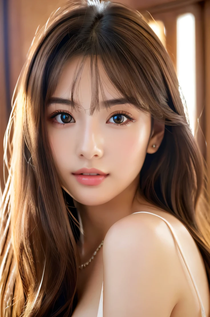 (((8ｋ,Very detailed,Attention to detail、highest quality，masterpiece,Attention to detail))),RAW Photos & Realistic atmosphere,Professional Lighting，Beautiful dark eyes,Glossy lips,beautiful黒い Eyes，White skin、Deep black eyes,とてもBeautiful face,とてもBeautiful face、Beautiful face,beautiful, Glossy lips,beautiful Eyebrows,Realistic Skin, Realistic Young Gravure Idol,Very cute woman , Young Gravure Idol, Young Gravure Idol, とても美しくてかわいいbeautiful 21 year old beauty,Incredibly beautiful and elegant，beautiful 21 year old beauty,Natural soft light,（Shiny Hair,,beautiful and kind eyes：1.5）,Gentle features,Shapely breasts,Long Hair,beautiful posture,No makeup,Looking into the camera，Japanese women，