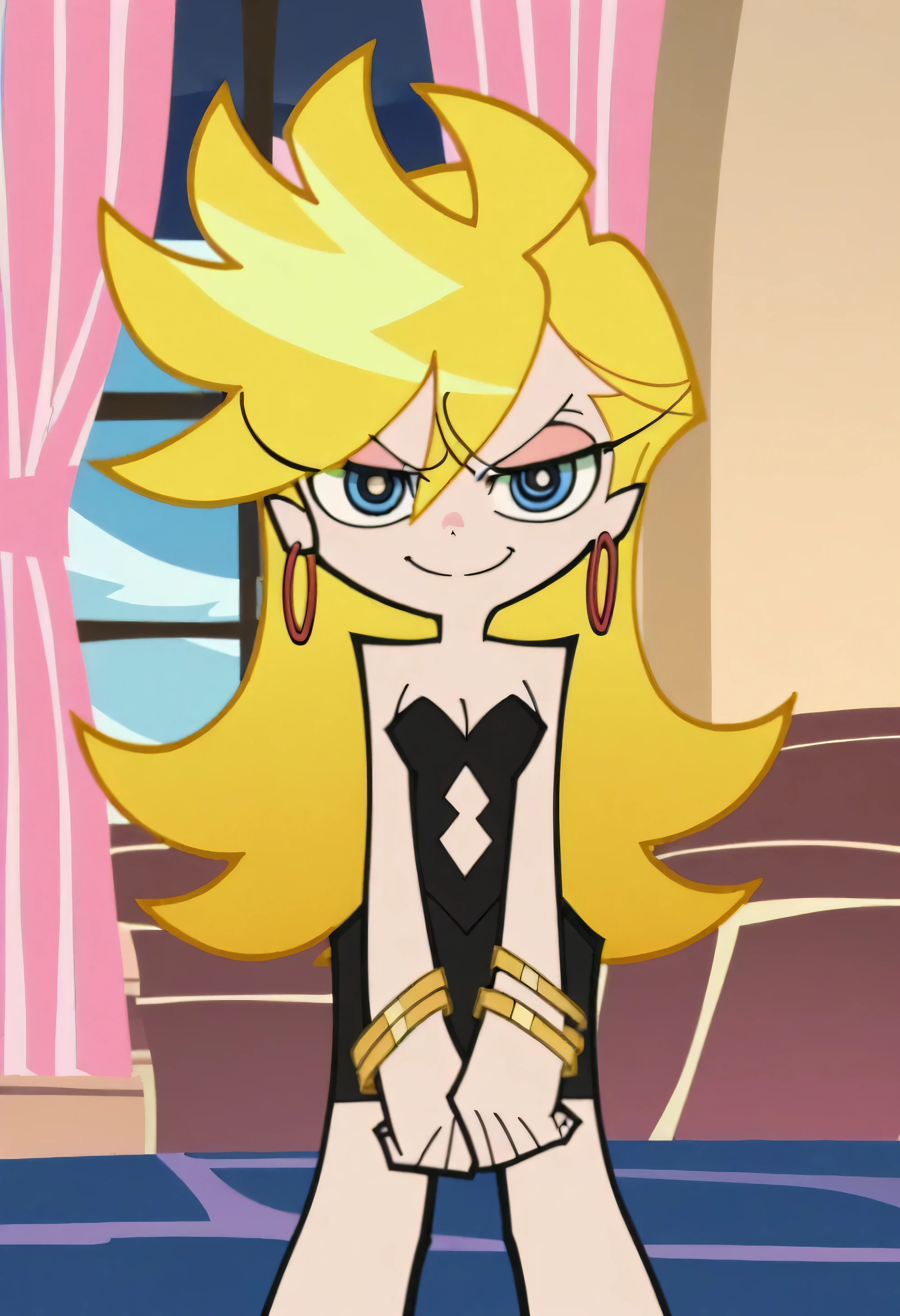p&s style, rating_safe, score_10, sharp, anime screencap, flat shadows, flat colors, panty, blonde hair, strapless, black sweetheart dress, hoop earrings, sliver bracelets, bare shoulders, cleavage, panty’s indoor bedroom, a chair, curtains, outdoor window of blue skies, smile, blue eyes, standing up, in the center, looking at viewer, 1 girl, solo