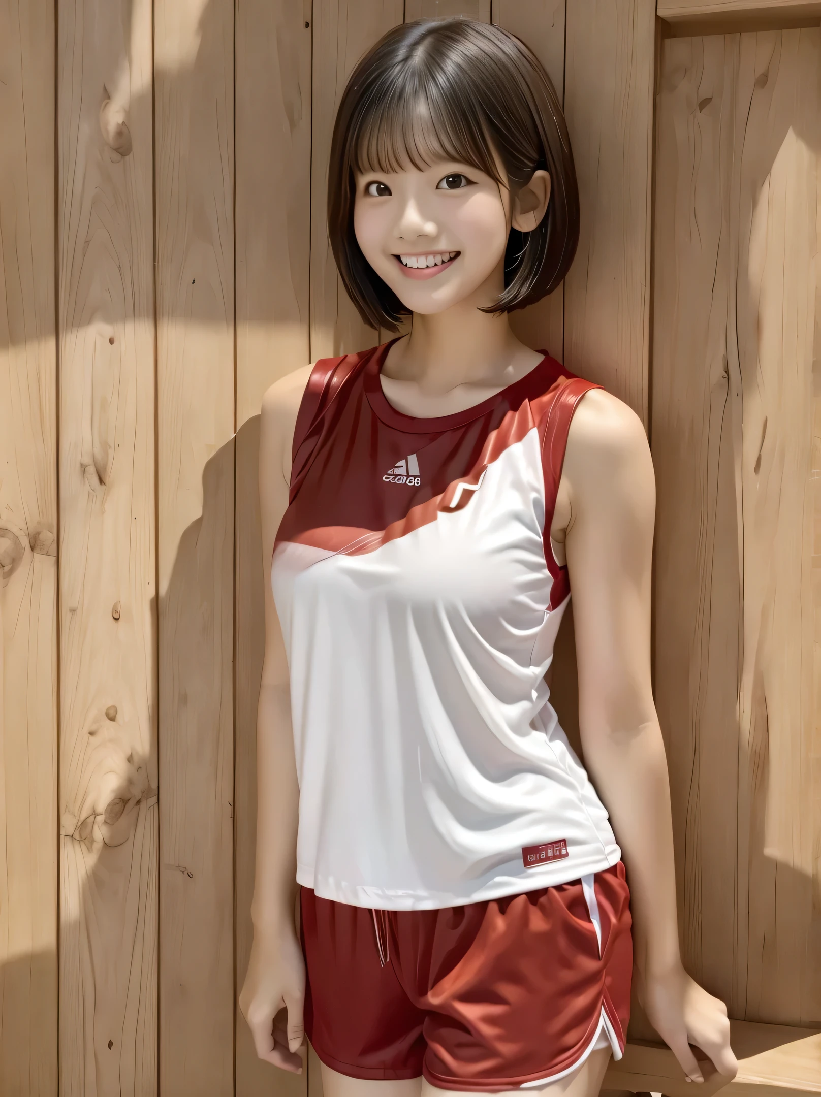 Wood grain wall、Wood Grain Floor、Red badminton wear、White shorts、Short Hair、cute、Smile、highest quality、Whitening、Fair skin、Black Hair