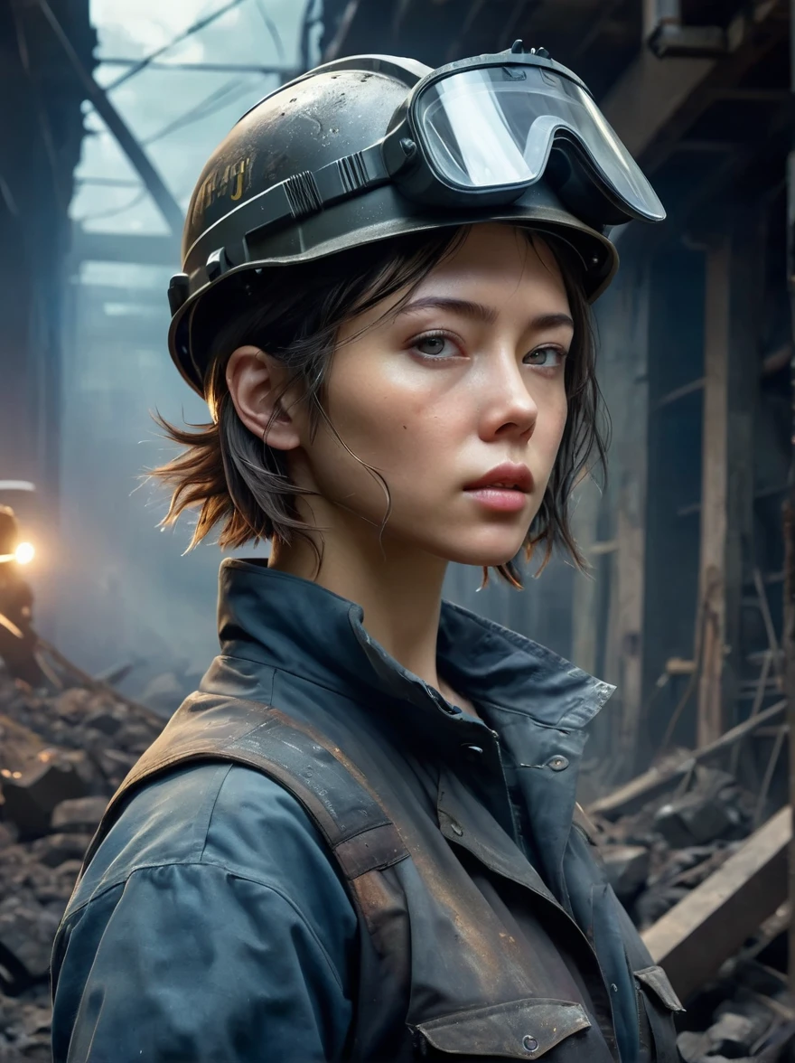 (Vision:1.4), (Wide Angle:1.3), Analog style, high resolution, (((masterpiece))), Coal miners, woman, (Full body image:1.5), (dirty:1.4), (dirty背带裤, Tattered shoes), Cyberpunk, Futuristic, Science Fiction, Very detailed, short hair, Award-winning poster, (((1.4 times more realism))), Emphasize body lines, Staring at the camera, Looking at the camera, High-resolution RAW color photography, Professional photography, Extremely exquisite and beautiful, Extremely detailed, Fine details, Very large file size, Top quality, 8K, Photos taken with a SLR camera