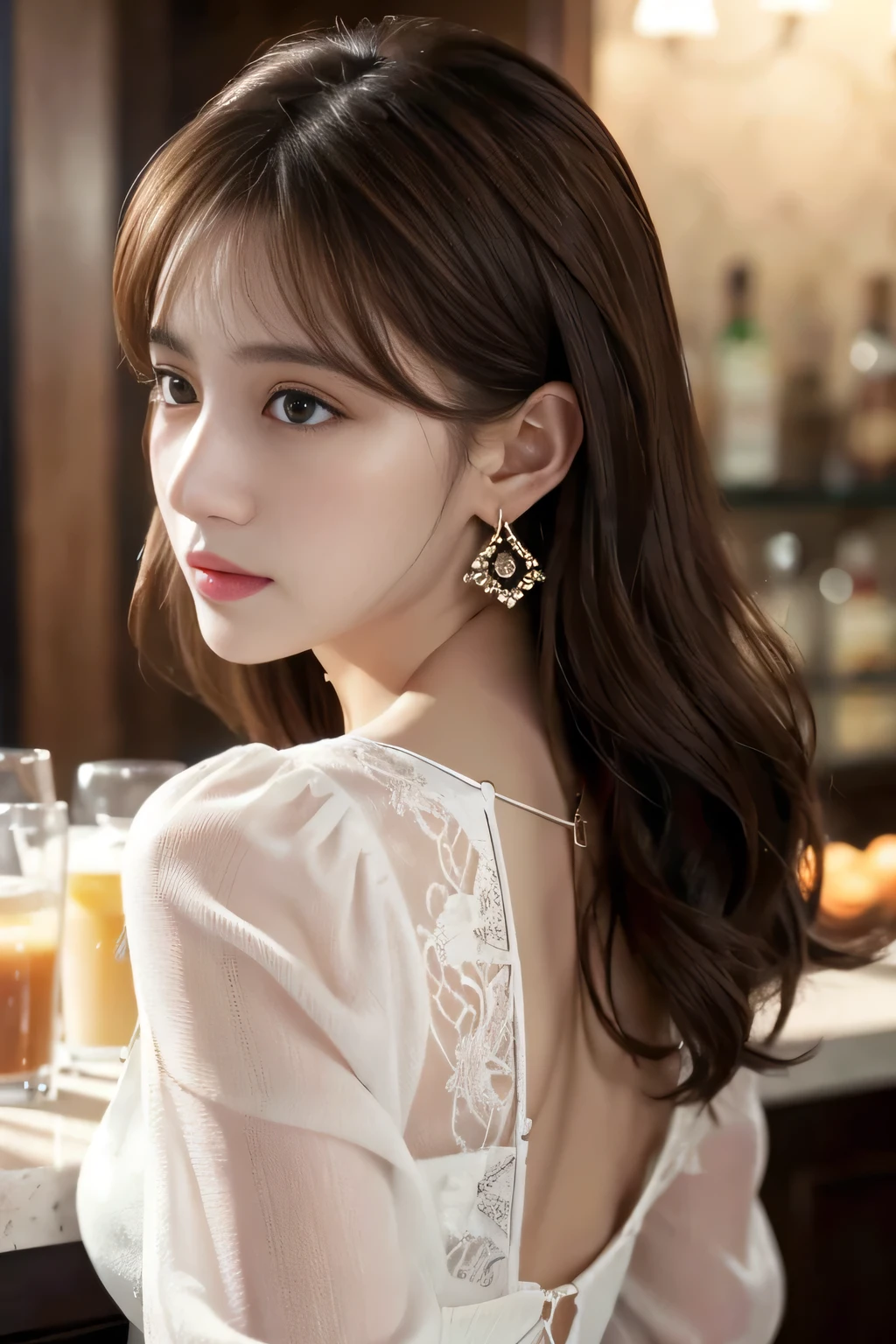 masterpiece, highest quality, Realistic, Very detailed, Finer details, High resolution, 8k wallpaper, One beautiful woman, Wear an elegant white see-through blouse, A great bar counter, At night, Light brown messy hair, Perfect dynamic composition, Beautiful and beautiful eyes、Big earrings、Back view、