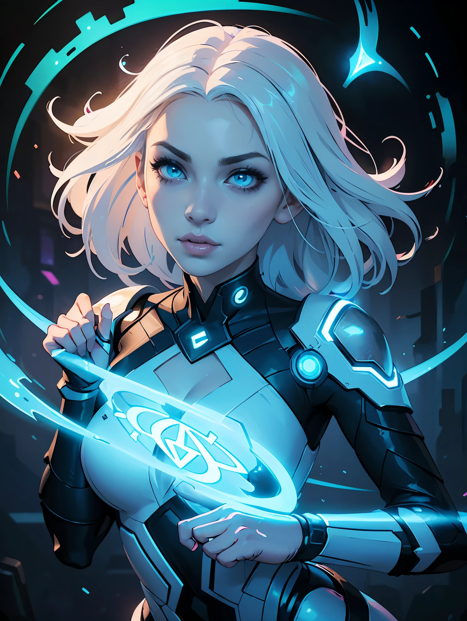 ((upper body)), best quality, masterpiece, a woman with ((Luminescence white hair)), ((detailed pearl blue eye)), high detailed goddess soul, focus on character, solo, (style swirl magic), solo, from front, front view, looking at viewer, detailed face, ((Luminescence Lighting Magic Circle theme)), perched on a ledge, tight neon body, light streaks, dark abyssal wanderer abstract, ((Simple Luminescence Neon Gown)), inscribed with mystical runes, outdoor dystopian background, 1 solo, Style: portrait, blurred background f1.2, full HD resolution, 8k, Dark vignette at the edges, cinematic effect with soft shadows and light and shadow curve at -10, best quality, professional realistic, detailed eye, double eyelid, brighten skin, real hair, realistic skin texture, Masterpiece texture, realistic clothing texture, perfect face and body. Eyes glowing like neon lights, stripes of lights around the body, slim waist, thick legs, futuristic cybernetic armor, sinkating hair falling out, sexy cleavage, cyberpunk fantasy style.