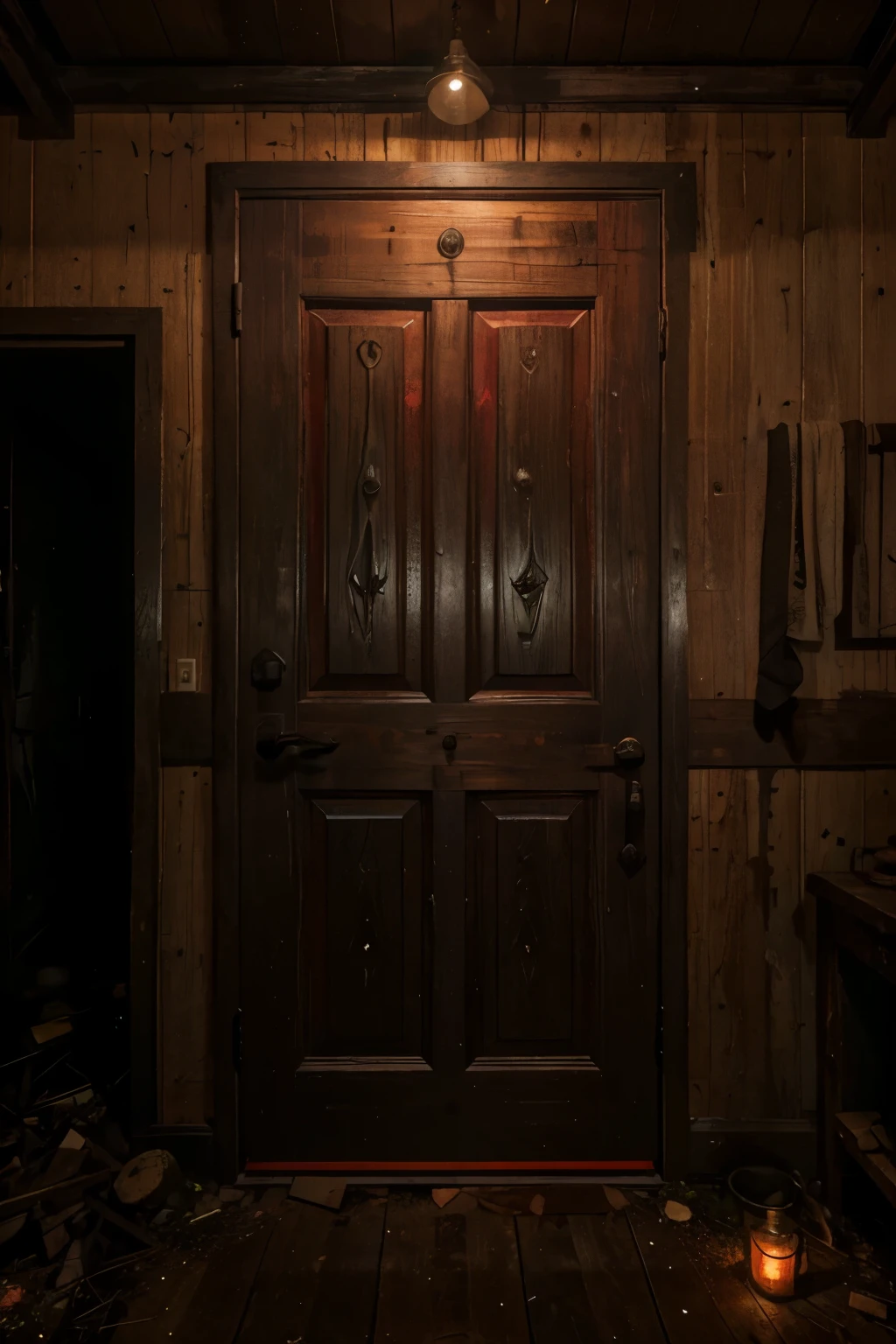 a door from an abandoned cabin in the woods, creepy place, dark atmosphere, ultra-realistic, 8k, HDR, locked, rusty, cobwebs, light under the door, flickering red lights, overgrown, moss-covered, detailed wood texture, weathered, eerie, cinematic lighting