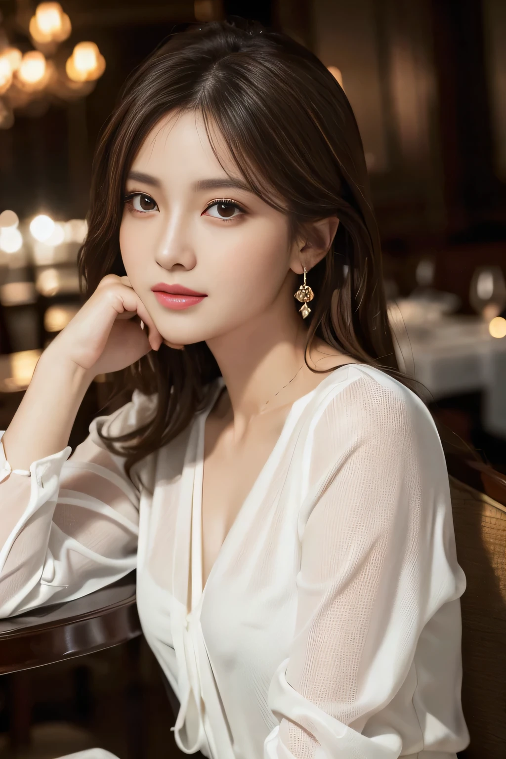 masterpiece, highest quality, Realistic, Very detailed, Finer details, High resolution, 8k wallpaper, One beautiful woman, Wear an elegant white see-through blouse, In a great restaurant, At night, Light brown messy hair, Perfect dynamic composition, Beautiful and beautiful eyes、Big earrings、Sitting in a chair、