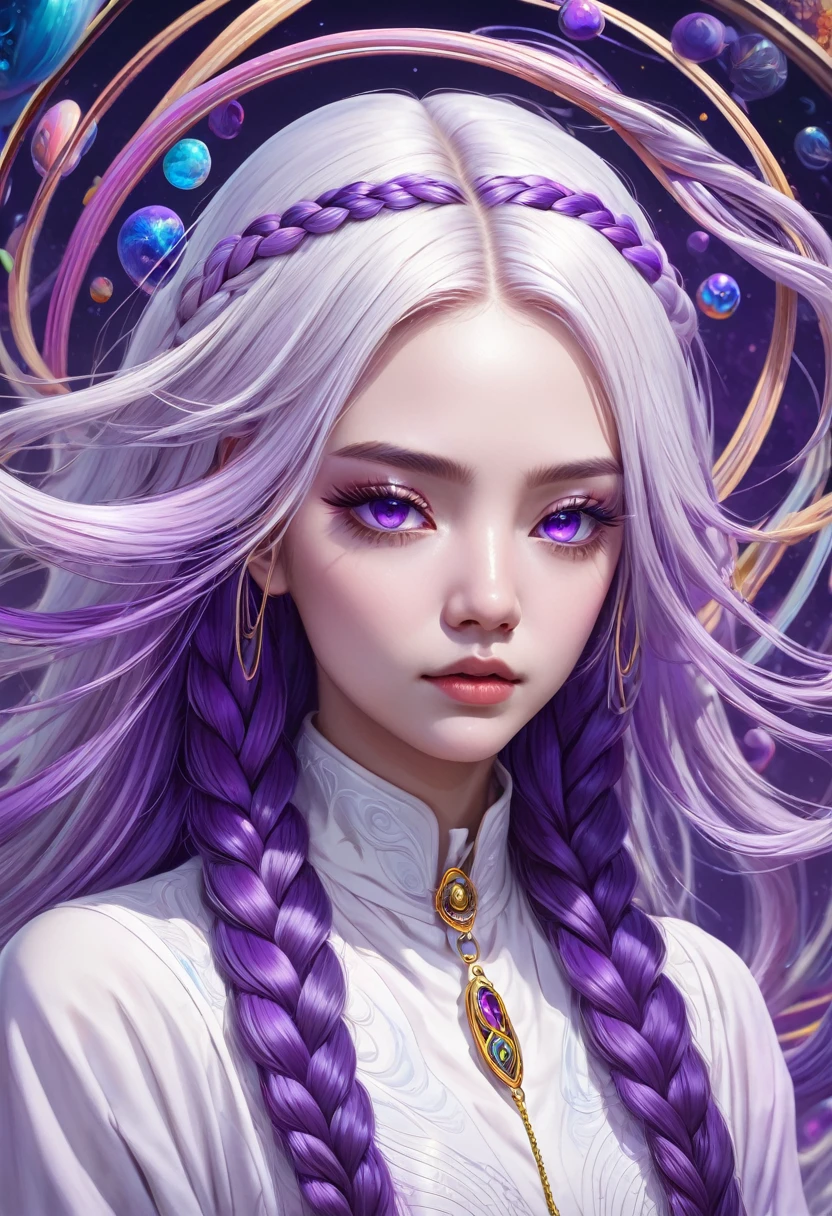 Portrait of a Deep Psychedelic Therapist, Surrealism, Hallucinogens, 1 Girl, yinji, purple hair, purple eyes, long hair, white hair, double braids, gradient hair, complex, elegant, agility, The content is very detailed, number, Art Station, Concept Art, Smooth, Clear focus, Implications