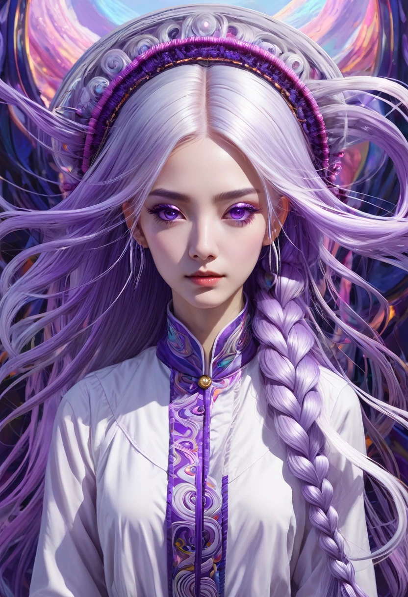 Portrait of a Deep Psychedelic Therapist, Surrealism, Hallucinogens, 1 Girl, yinji, purple hair, purple eyes, long hair, white hair, double braids, gradient hair, complex, elegant, agility, The content is very detailed, number, Art Station, Concept Art, Smooth, Clear focus, Implications