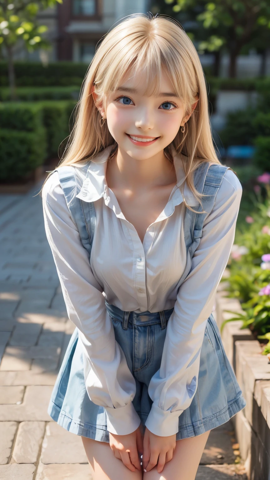 ((sfw: 1.4)), (( detailed face, cute face, detailed face, professional photography)), ((((standing)) , (both hands on knee) , leaning forward ( grin smile : 1.2), earrings)), (( Shiny platinum blonde silk hair, beautiful shiny bangs, big clear sky blue eyes, very beautiful bright eye highlights, 1 Girl)), Ultra High Resolution, (Realistic: 1.4), RAW Photo, Best Quality, (Photorealistic Stick), Focus, Soft Light, ((15 years old)), (( (young face))), (surface), (depth of field), masterpiece, (realistic), woman, bangs, ((1 girl))