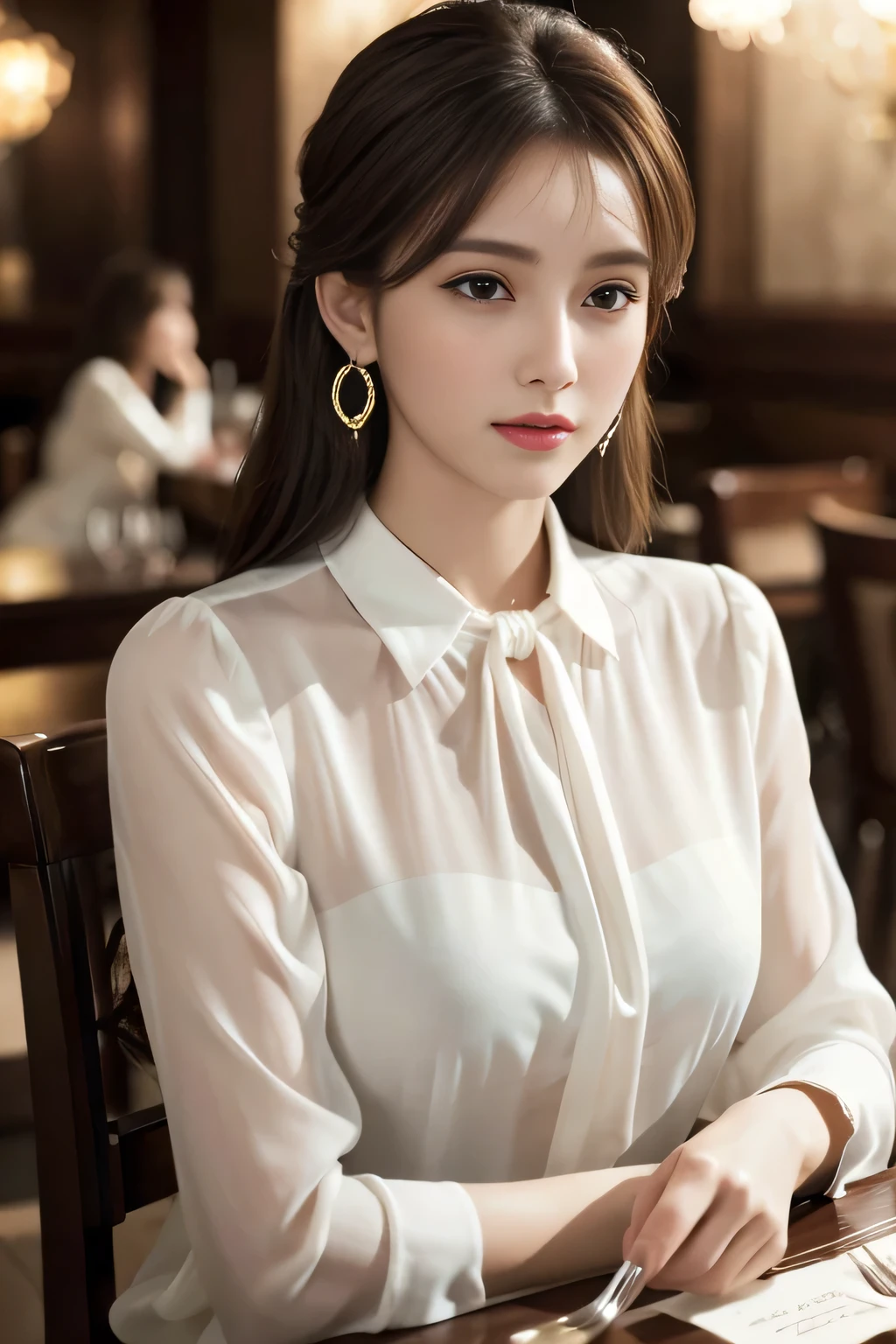 masterpiece, highest quality, Realistic, Very detailed, Finer details, High resolution, 8k wallpaper, One beautiful woman, Wear an elegant white see-through blouse, In a great restaurant, At night, Light brown messy hair, Perfect dynamic composition, Beautiful and beautiful eyes、Big earrings、Sitting in a chair、