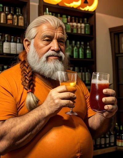 Only plump chubby extremely thick thighs large belly fat age 65 elderly bearded old man, usando apenas sunga branca,((Pumpkin colored hair strands, fios do cabelo branco ou vermelho)) he is holding a glass of drinks, he is holding a glass of drink, he is holding a bottle of drink, he is holding a shop mug.