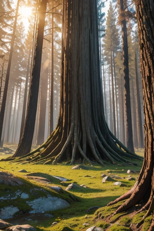 A forest of petrified wood in a natural environment, where ancient trees stand frozen in time, their bark replaced by shimmering stone reflecting the hues of the setting sun. The wood appears almost lifelike, with intricate patterns and textures visible on each petrified trunk, telling tales of a time long past. The surroundings are lush and vibrant, with colorful wildflowers blooming at the base of these stone giants, creating a stark contrast against the solid gray bark. The scene exudes a sense of eerie tranquility, as if the forest is holding its breath, waiting for whispers from a forgotten age to break the silence.