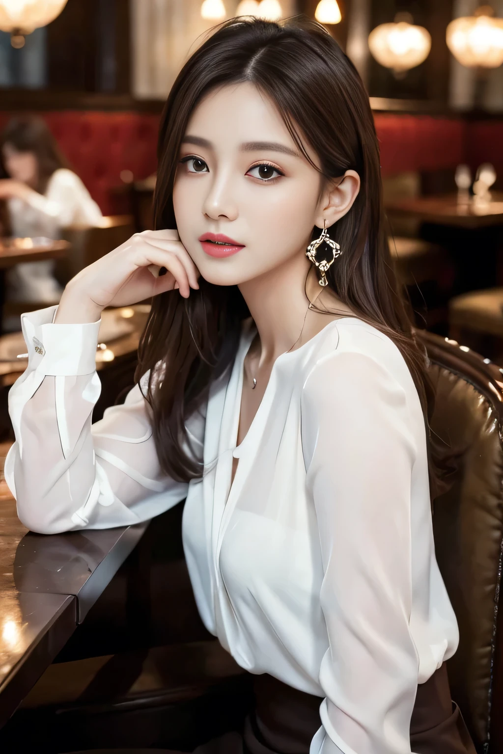 masterpiece, highest quality, Realistic, Very detailed, Finer details, High resolution, 8k wallpaper, One beautiful woman, Wear an elegant white see-through blouse, In a great restaurant, At night, Light brown messy hair, Perfect dynamic composition, Beautiful and beautiful eyes、Big earrings、Sitting in a chair、