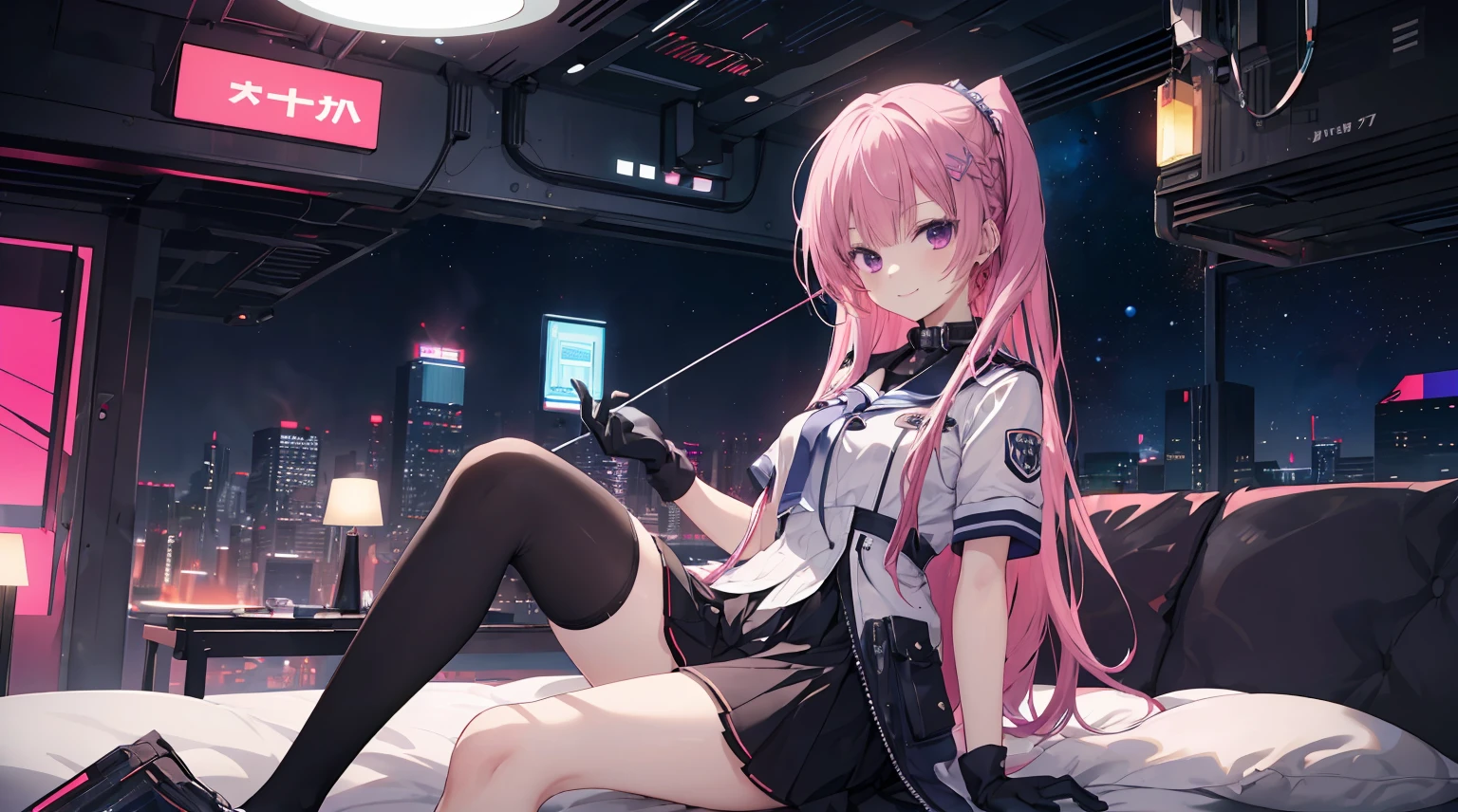 A girl，solo，Pink long hair，gentle，Smile，Medium long hair，Dissemination，White short sleeve，White short sleeve游戏服，Black skirt，Black underwear，Black gloves，Cyberpunk Characters,night, Space background,，Cyberpunk, Anime style 4k, Sitting on the sofa，indoors，In the bedroom，Black stockings，mitsukasa ayase、Character-centered
