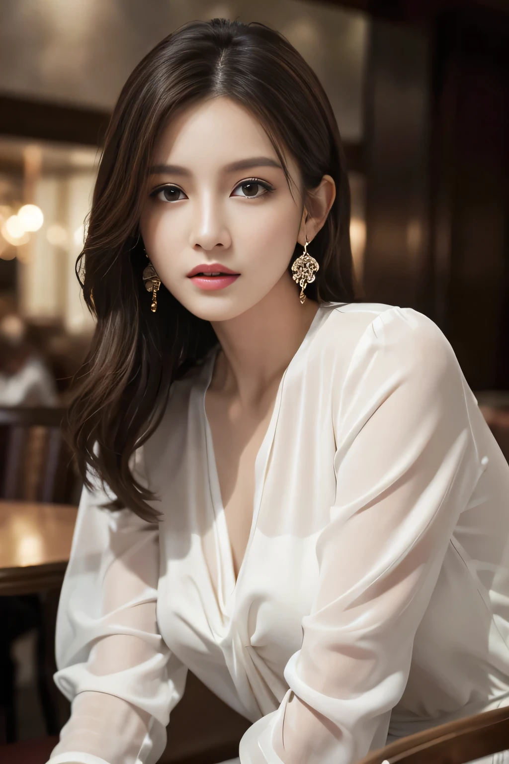 masterpiece, highest quality, Realistic, Very detailed, Finer details, High resolution, 8k wallpaper, One beautiful woman, Wear an elegant white see-through blouse, In a great restaurant, At night, Light brown messy hair, Perfect dynamic composition, Beautiful and beautiful eyes、Big earrings、Sitting in a chair、